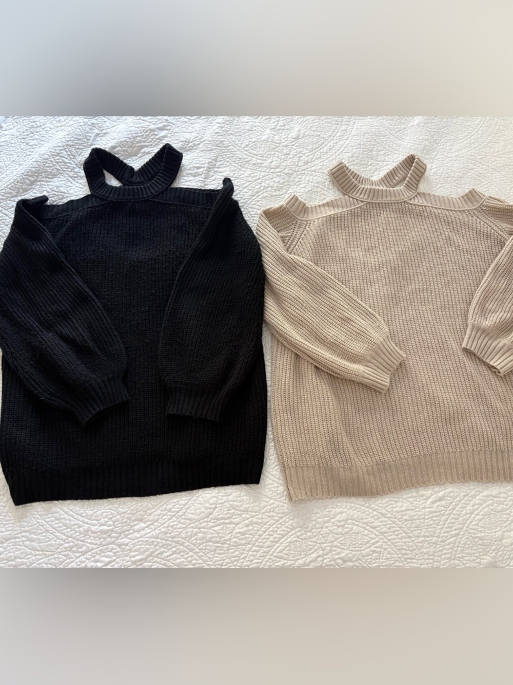 Bundle 2 Off-Shoulder Chunky Knit Sweaters Women’s L Black & Beige Cutout Back